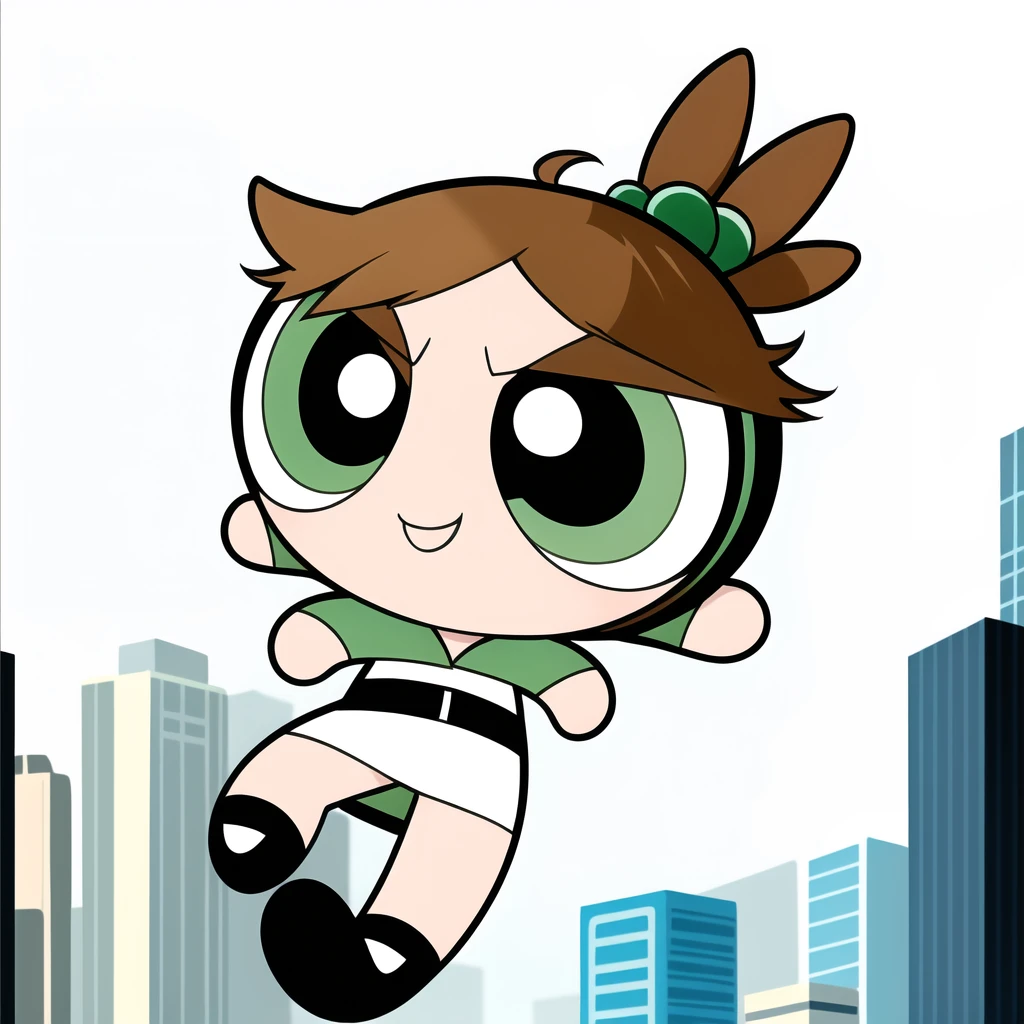 ((cute smile)), full body, 1girl , chibi, hair ornament, ((brown short hair)), mint colored eyes, white Sailor Dress, city background,