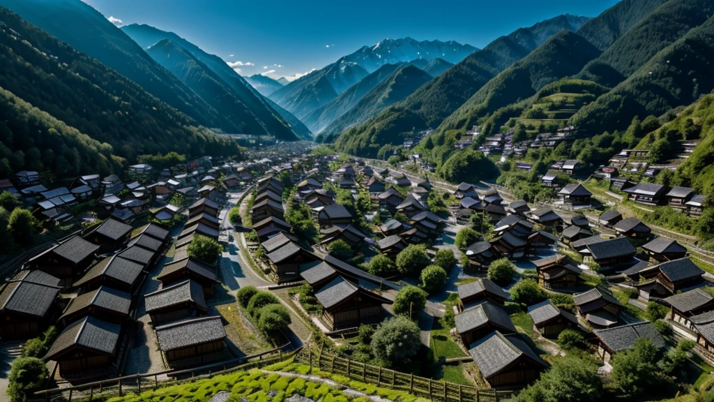Professional photography, DSLR camera, highest resolution, highest detail, rich shadows, 16K image, small rural village in the middle of a valley. Shirakawago style village, Photo taken from a high angle