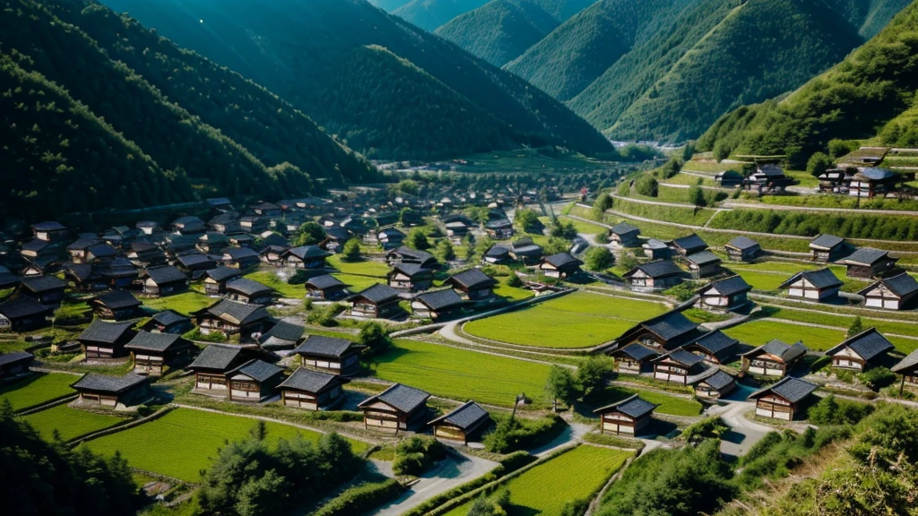 Professional photography, DSLR camera, highest resolution, highest detail, rich shadows, 16K image, small rural village in the middle of a valley. Shirakawago style village, Photo taken from a high angle