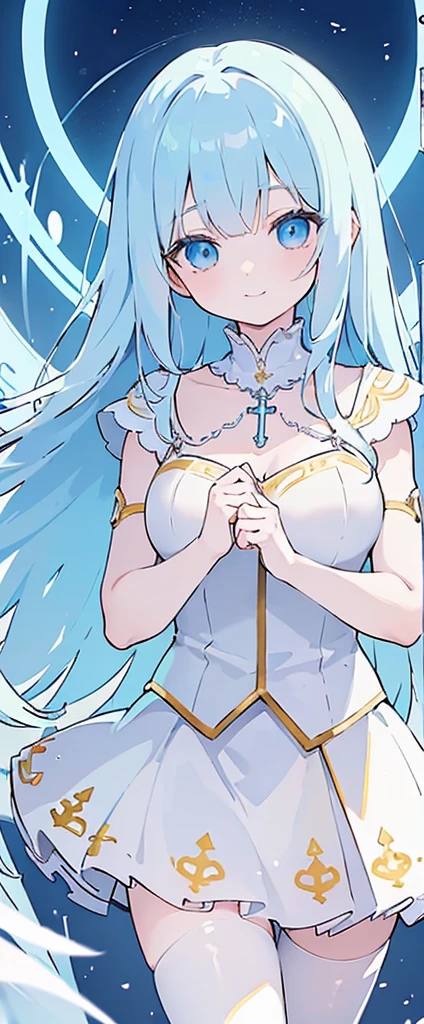 (((Masterpiece))),(((best qualtiy))),((Ultra-detailed)),(illustration),((anextremelydelicateandbeautiful)),(beatiful detailed eyes),(detailedlight) (1girll), solo , Floating_Hair,glowing light eyes,lightblue hair,eBlue eyes, double tails, Light blue sky background,Light blue Christian monument background,White panty hose,Cross necklace,Smile with (Anime style), Beautiful and delicate face,(cute face:1.3),(largeeyes:1.2),(Priestly Maiden Costume),Details installed,(Magic effects:1.3),Flowing skirt,(sheer cloth:1.2),Clear facial features