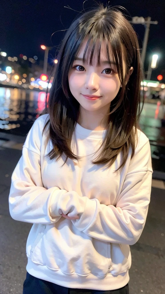 1girl, Tokyo street,night, cityscape,city lights,upper body,half body,smile,, (8K, RAW photo, best quality, masterpiece:1.2),(realistic, photo-realistic:1.37), clear face,At home,Wear a sweatshirt