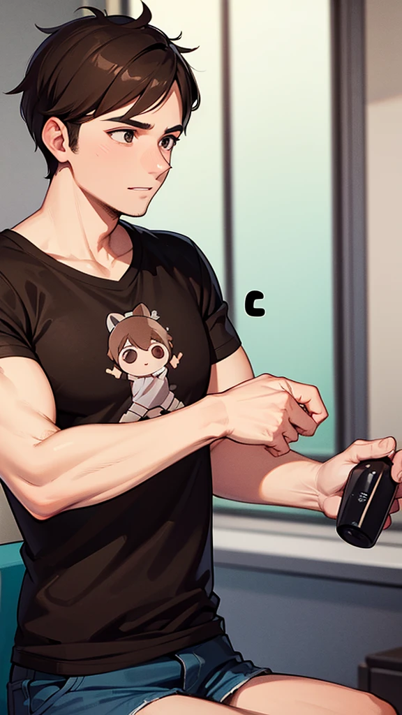 a 30 year old man with brown hair wearing a t-shirt 