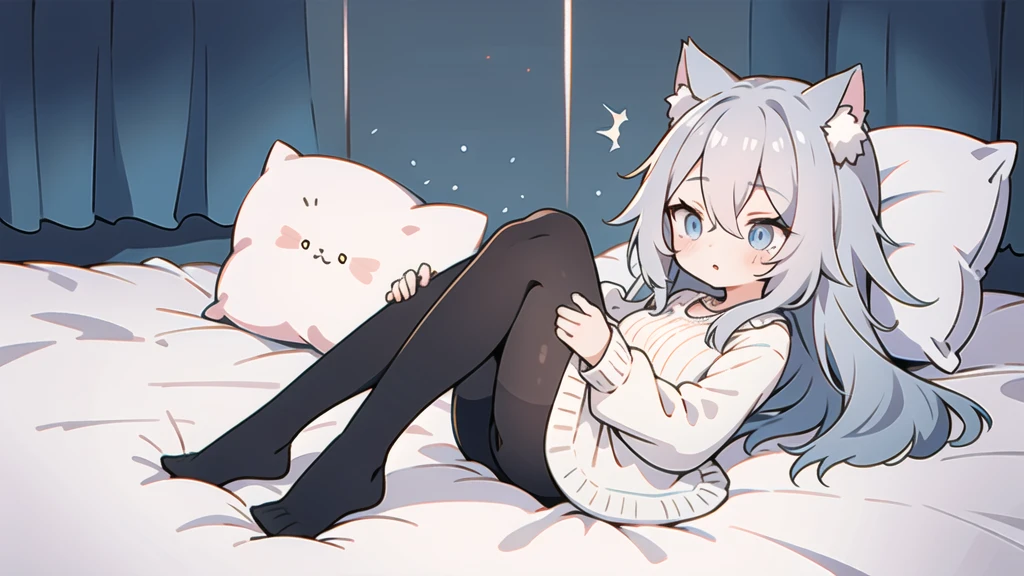 Dark Room　On the bed　Gray Hair　Long Hair　Cat ear　tights　One girl　Blue Eyes