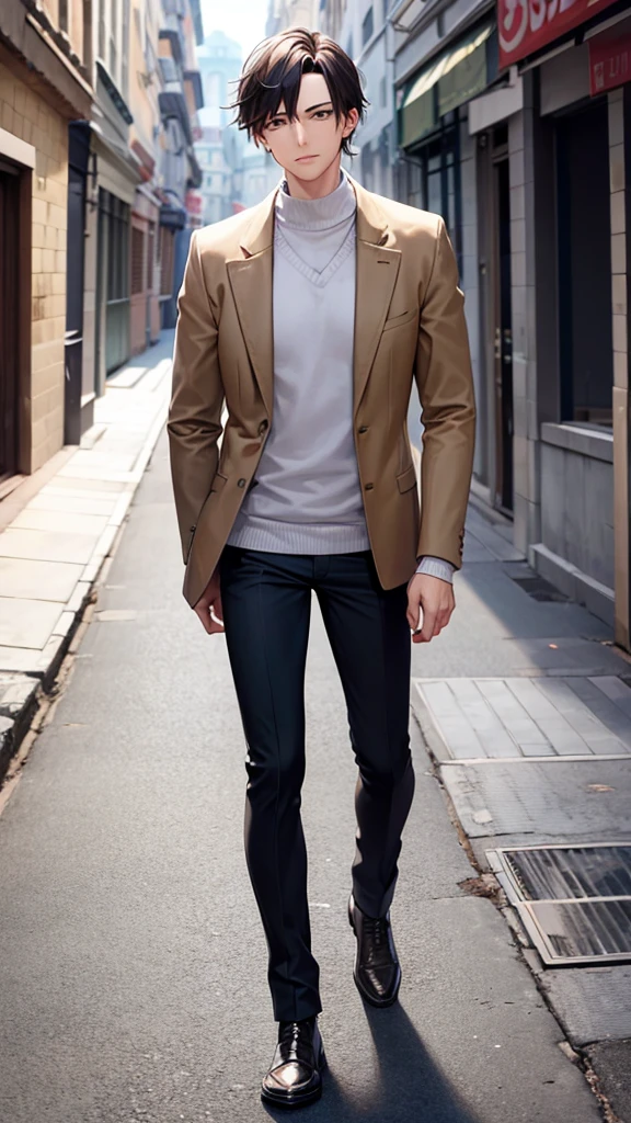 Un homme avec une veste qui marche dans une rue