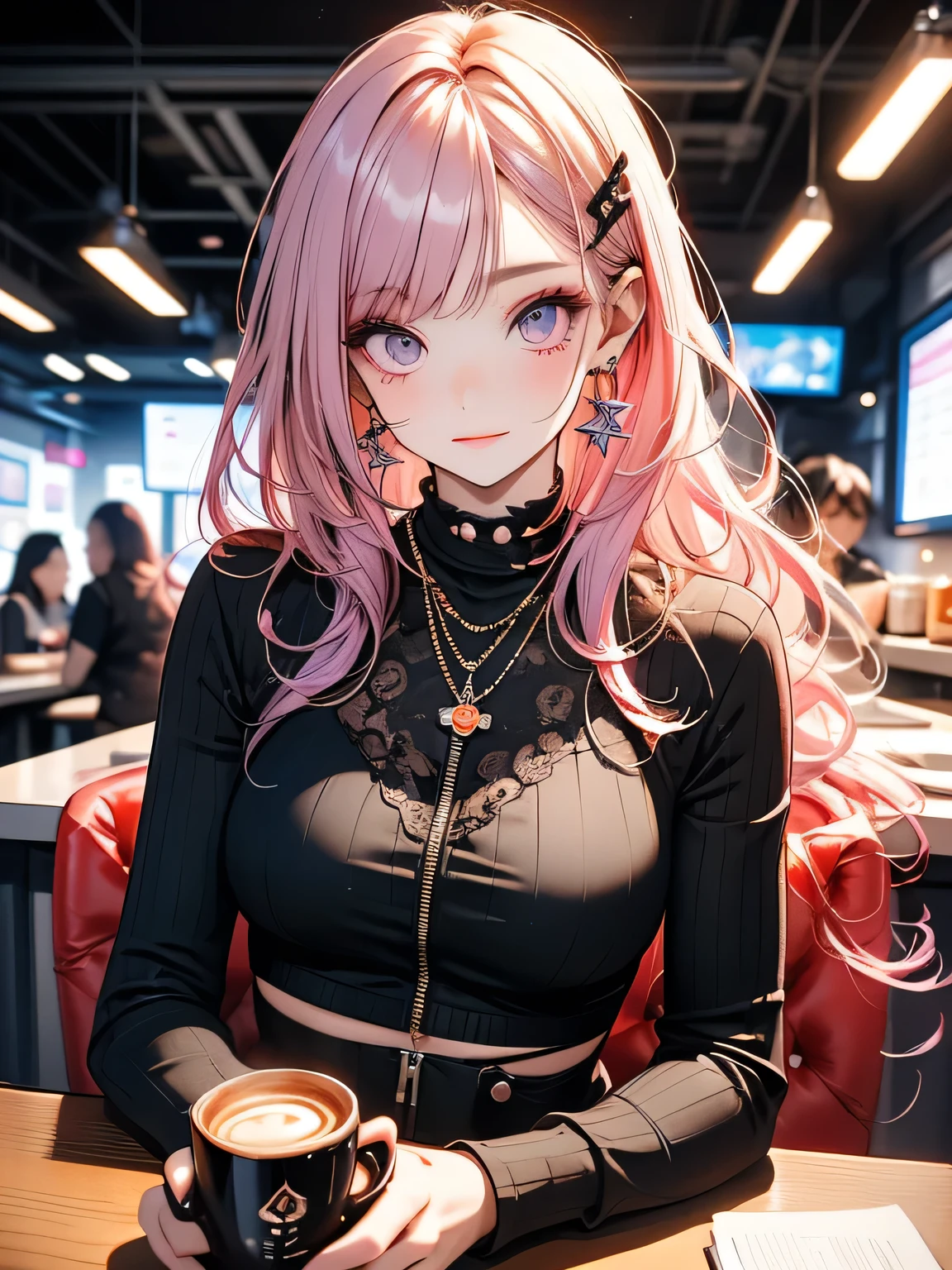 Futuristic Girl, Purple eyes, space, Pink Hair, Long Hair, Futuristic Coffee Shop,One girl,Beautiful attention to detail, Detailed face, cute,