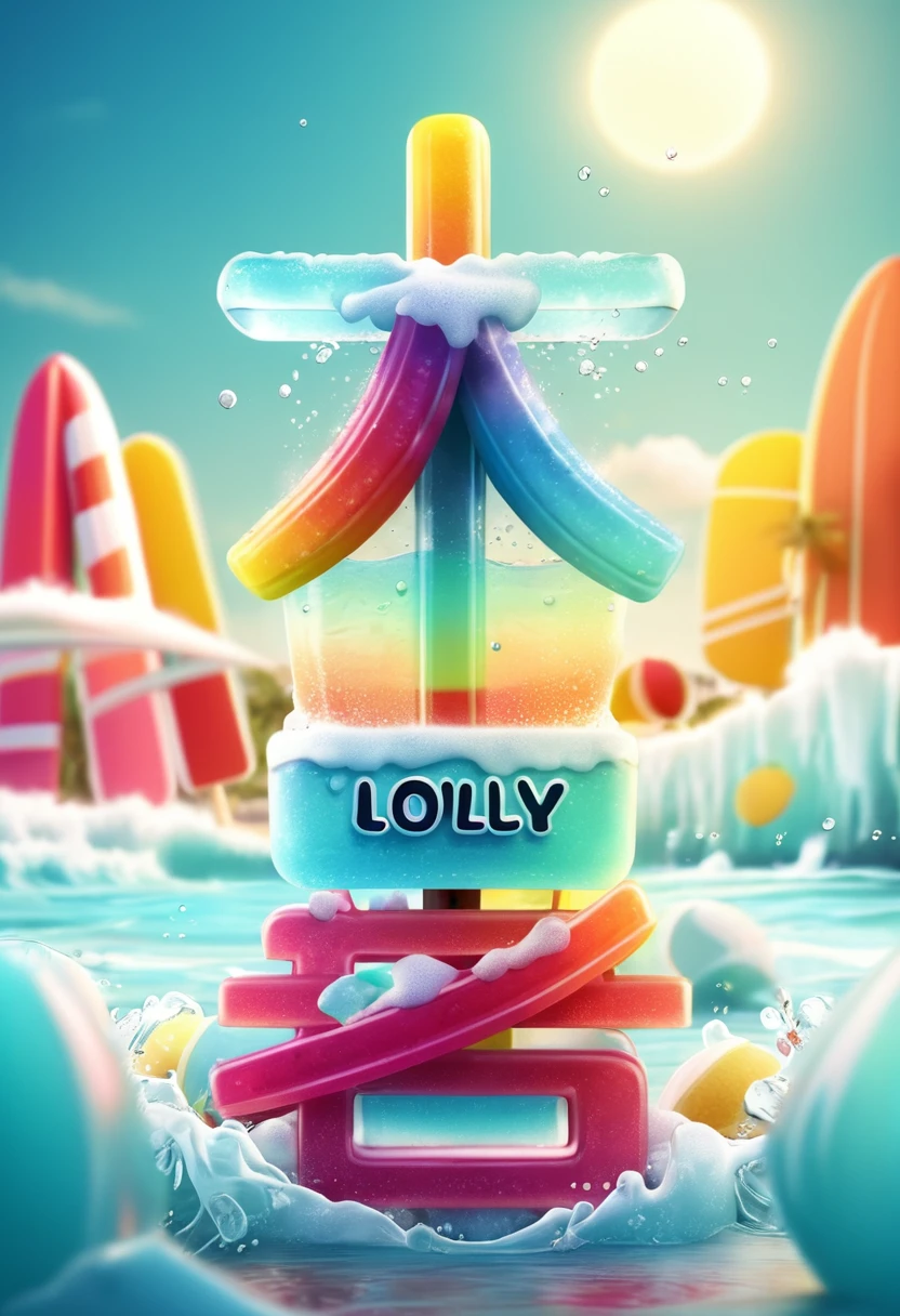 ice lolly text design, cartoony, summer beach background, ice cube, Special features, Octane rendering and blender, hyper quality, clear features, Ultra HD and 8K resolution,Fresh hand drawn illustration