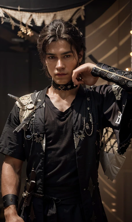 <realistic, intricate details, cinematic, 4k, uhd, ultrarealistic, photorealistic, insanedetails, masterpiece), a beautiful  man of 20 years old, with whiteband black decourated kimono without sleeves, (great decourated sword in the back), lights effects, black t shirt, black short hairs, (european caucasian race)