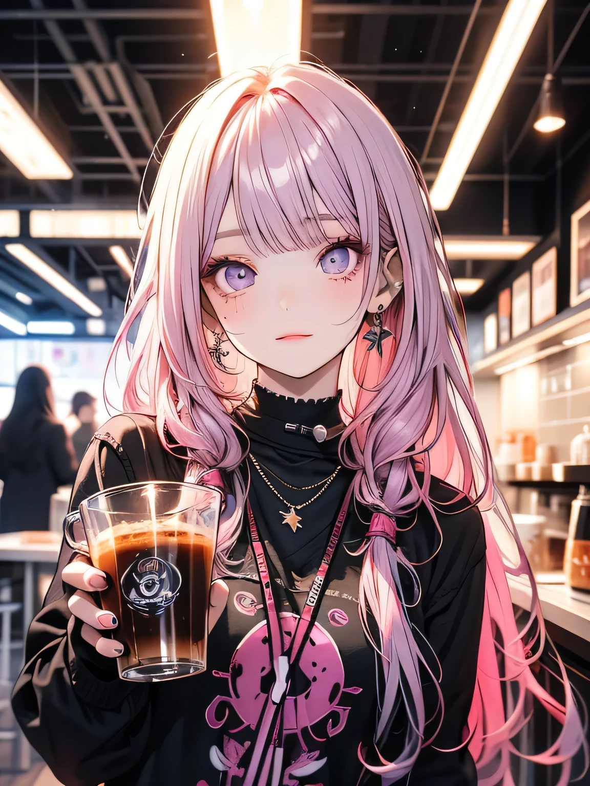 Futuristic Girl, Purple eyes, space, Pink Hair, Long Hair, Futuristic Coffee Shop,One girl,Beautiful attention to detail, Detailed face, cute,