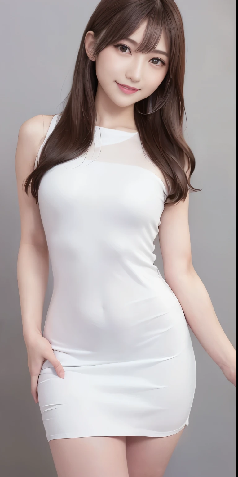 best masterpiece、Highest quality、shape、Very detailed、High resolution、8K wallpaper、Perfect dynamic shape、Beautiful and detailed、Natural color lip, Random Sexy pose,A very kind smile、-yeld gicute、expensive、(Highest quality:1.3)、(masterpiece:1.3)、(The Very detailed:1.3)、(wallpaper, One Girl:1.1)、(Delicate hands and fingers:1.2)、(Detailed super oily shiny skin:1.1)、Beautiful and lustrous thighs、(White sexy mini Chinese dress:1.7)、(Large, saggy and firm breasts:1.4)、slender body shape、Brown hair head、(Stable expression:1.5)、((Random hairstyles for medium length hair:1.3))、Beautiful sister、(Model standing pose from the front:1.4)、Sexy pose、(((Simple Background:1.6)))、((A very beautiful smile:1.5))、(Beautiful double eyelids:1.3)、Looking at the camera、Pelvic expanse、Perfect lighting、