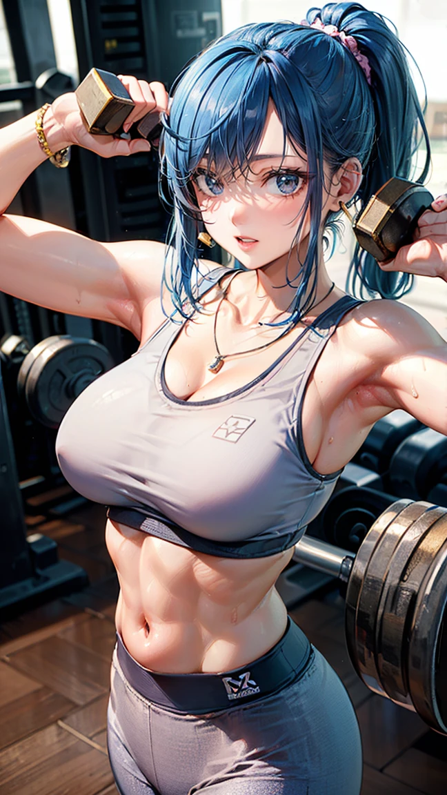 (Masterpiece, BestQuality:1.3), (ultra detailed:1.2), (hyperrealistic:1.3), (RAW photo:1.2), High detail RAW color photo, professional photograph, (Photorealistic:1.4), (realistic:1.4), professional lighting, perfect anatomy, (Big Breasts:1.2), (blush, detailed face), (cheerful Smile:1.5), (Blue Hair:1.5), Trending Hair&Trending Hairカラーをランダムに, earrings, necklace, bracelet, sexly, erotic sexly, Random sexy gravure poses, (Sexy beauty wearing sports bra and leggings at the gym、Posing with dumbbells、Toned body and ponytail: 1.3)