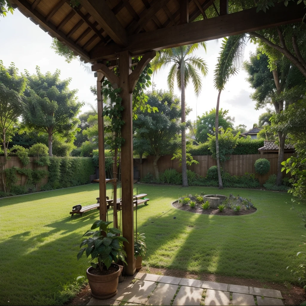 there is a view of a garden with a bench and trees, lush garden in the background, outside view, lush vegetation in the center, centre image, outside, with lots of vegetation, trees outside, with fruit trees, garden with fruits on trees, varied trees in the back, yard, back yard, vibrant greenery outside, very close to real nature, with a garden, bench and table.
