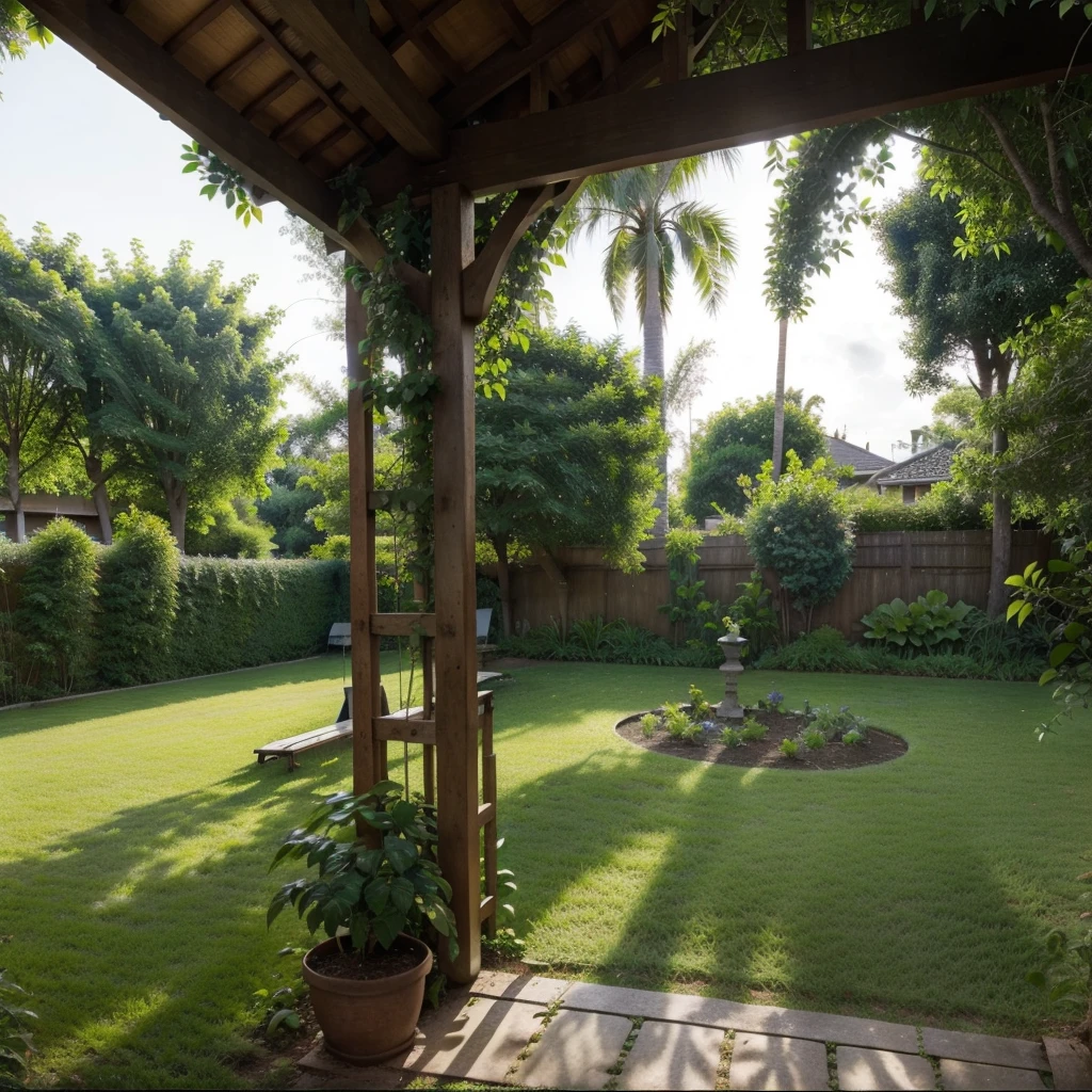there is a view of a garden with a bench and trees, lush garden in the background, outside view, lush vegetation in the center, centre image, outside, with lots of vegetation, trees outside, with fruit trees, garden with fruits on trees, varied trees in the back, yard, back yard, vibrant greenery outside, very close to real nature, with a garden, bench and table.