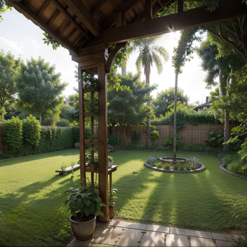 there is a view of a garden with a bench and trees, lush garden in the background, outside view, lush vegetation in the center, centre image, outside, with lots of vegetation, trees outside, with fruit trees, garden with fruits on trees, varied trees in the back, yard, back yard, vibrant greenery outside, very close to real nature, with a garden, bench and table.