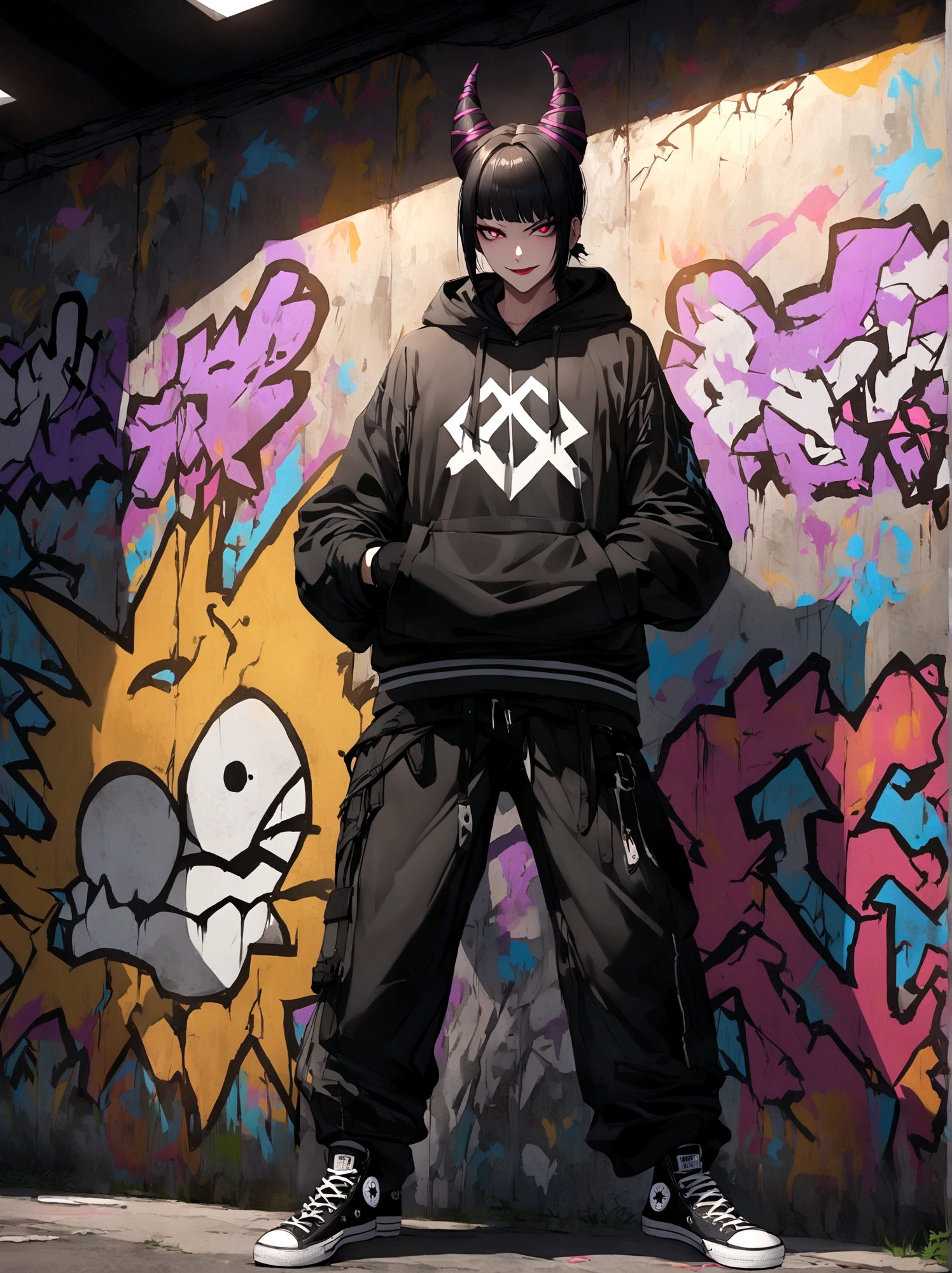 juri han, work of art, black hair, hair horns, black alan walker hoodie, black tights, black converse shoes, black fingerless gloves,evil smile, graffiti