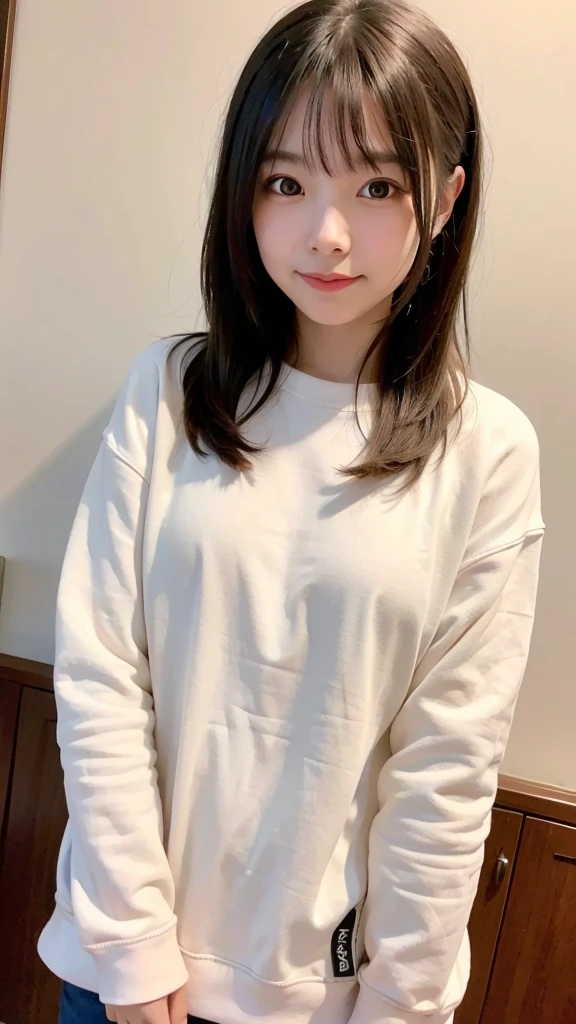 1girl, upper body,half body,smile,, (8K, RAW photo, best quality, masterpiece:1.2),(realistic, photo-realistic:1.37), clear face,At home,Wear a sweatshirt