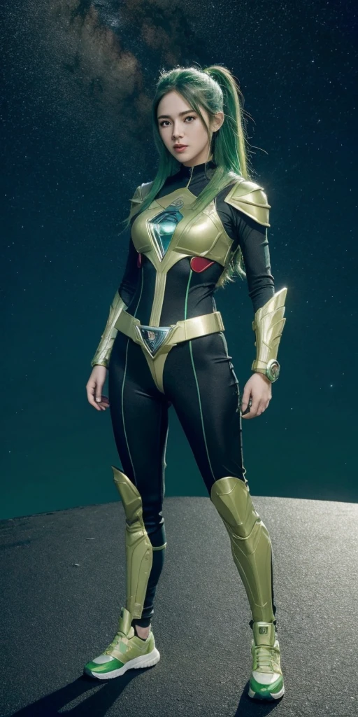 4k, realistic, carismatic, very detail, there is a girl on sky, wearing power ranger, she is power ranger, super hero theme, green hair, 25 years old, full body
