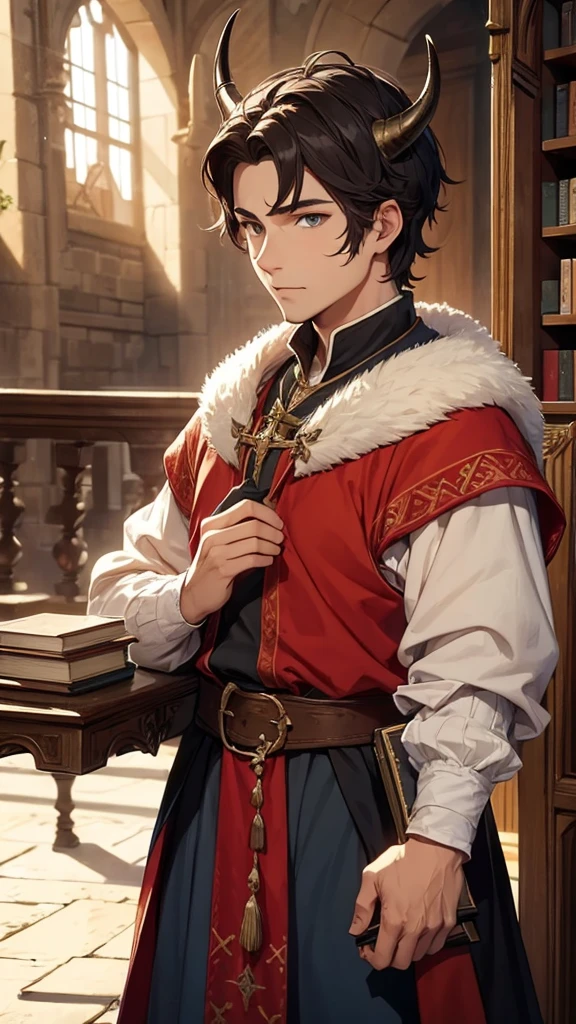 a man with plumed horns, holding a book, medieval clothing  