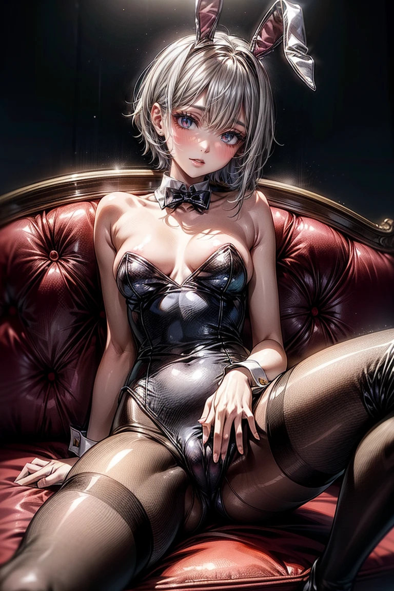 NSFW、Highest quality、(Bunny girl)、tights、Glossy Bunny Suit、Sit on the sofa、((Spread your legs wide))、No background、Silver short hair、Beautiful Eyes、Beautiful Face、Delicate eyes