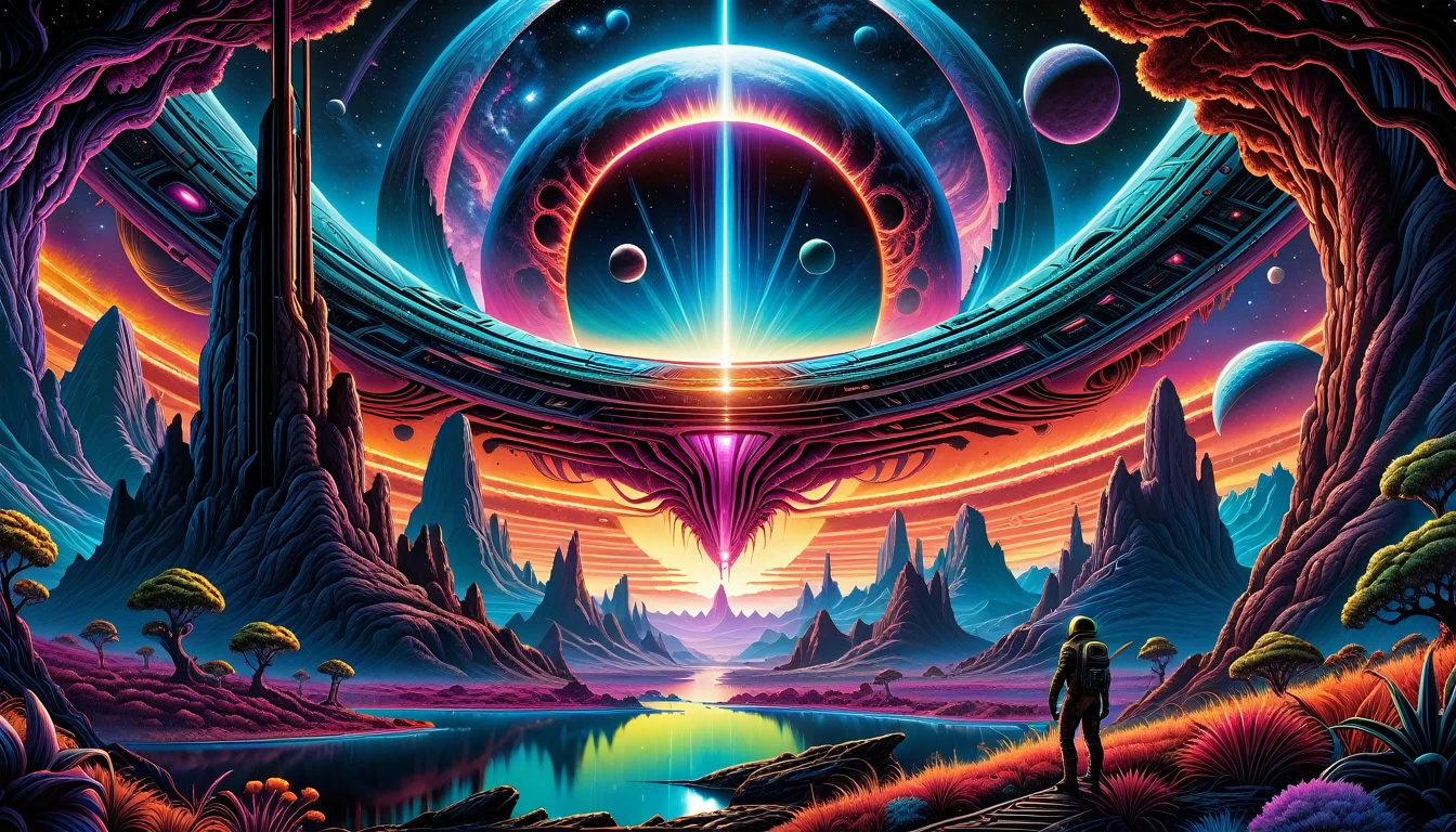 by dan mumford, alien world, deeply vibrant world, centered, symmetry, painted, intricate, sci fi, volumetric lighting, beautiful, rich deep colors masterpiece, sharp focus, ultra detailed, astrophotography. The composition is very detailed, 8K, perfect composition.