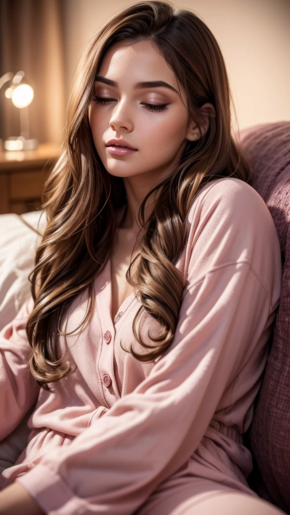 beautiful young woman sleeping, detailed realistic face, detailed eyes, long eyelashes, detailed lips, detailed nose, detailed hair, long brown hair, girl in pink pajamas, girl wearing long pants, high quality, photorealistic, 4k, hyper detailed, studio lighting, cinematic lighting, epic, dramatic, warm colors, soft lighting