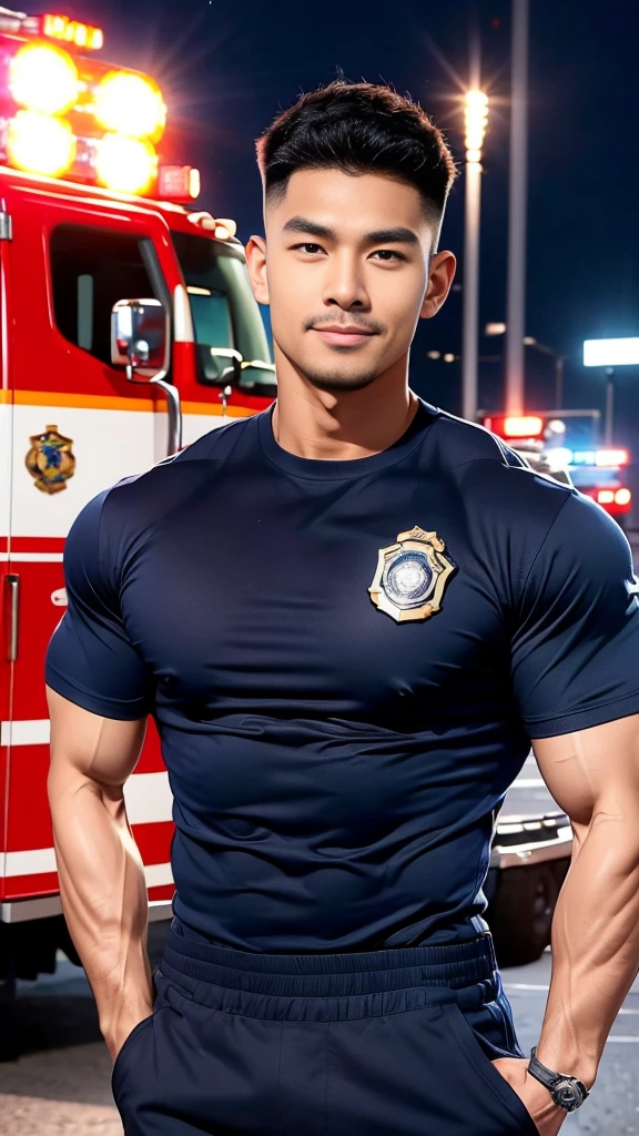korea male male model sit on the table , big muscles, handsome, cool, smoothly combed hair, pierced ears, wearing a t-shirt navy top, holding a lollipop, portraiture, modeling, dynamic pose, Japanese street, late at night, store lights trade, full half body shot, kind_smile, ,(open mouth:1.2), fullbodypolice officer, Korean Men ,facial hair, Full body, ,(Police badge) ,(Torn navy round neck shirt), (Navy blue round neck shirt.), (Abrasions on the body....: 1.3), (Navy Cargo Pants: 1.3), Short Hair Hair, (High shadow detail),Pectoral muscles, Big arm muscles, blood vessel, Big muscles, Wide shoulders, Abrasions on the body...., Abrasions on the face, nighttime , fire truck