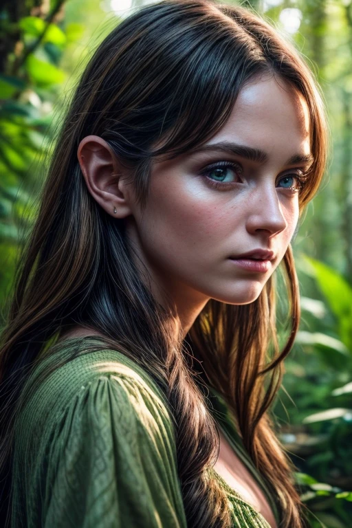 8k, highest quality, tabletop:1.2, (realistic, photorealistic:1.37), highest quality, beautiful young woman, pensive expression, gentle eyes, shy, long hair, disheveled mood, forrest background, fair skin tone