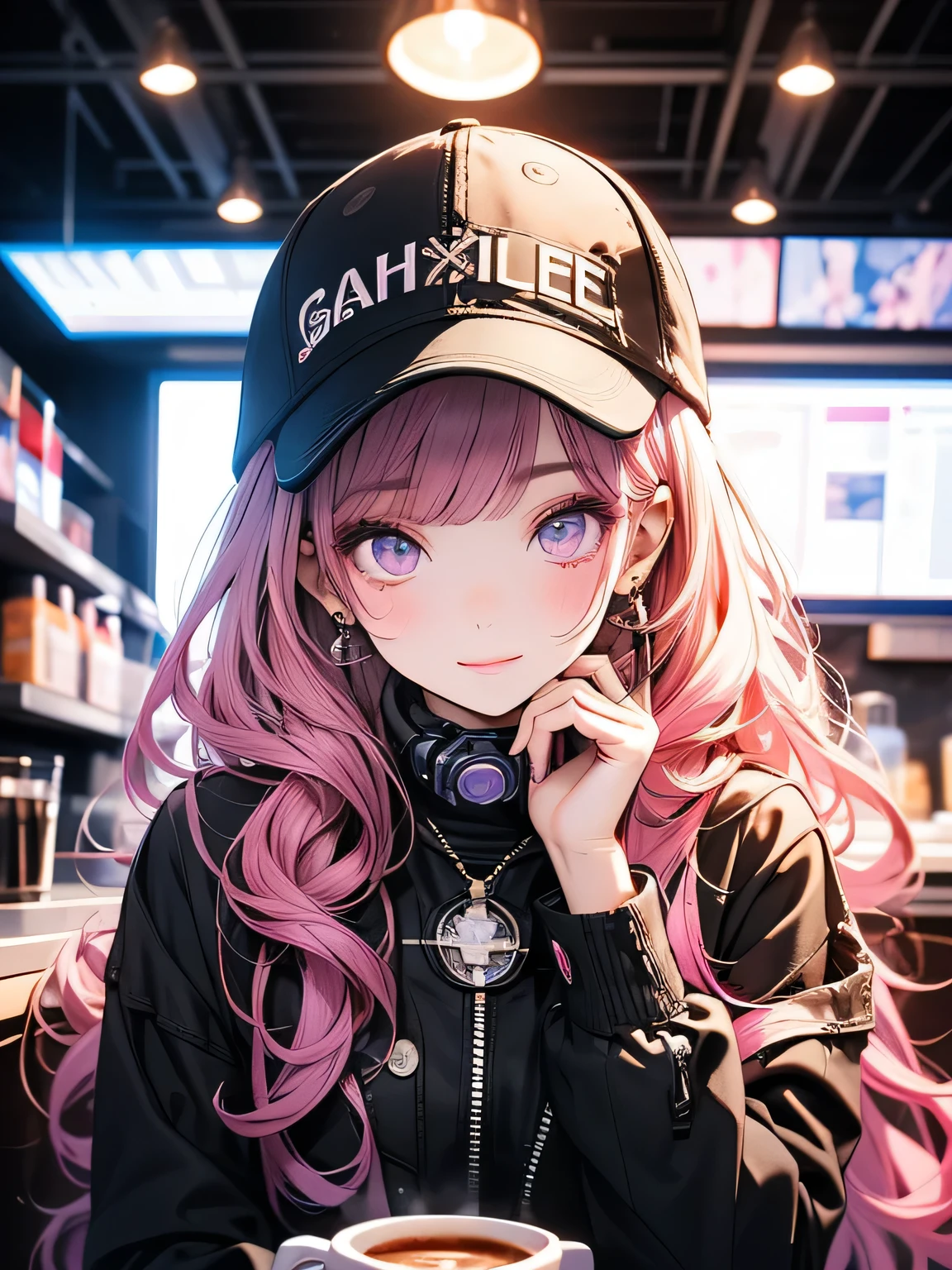 Futuristic Girl, Purple eyes, space, Pink Hair, Long Hair, Futuristic Coffee Shop,One girl,Beautiful attention to detail, Detailed face, cute,