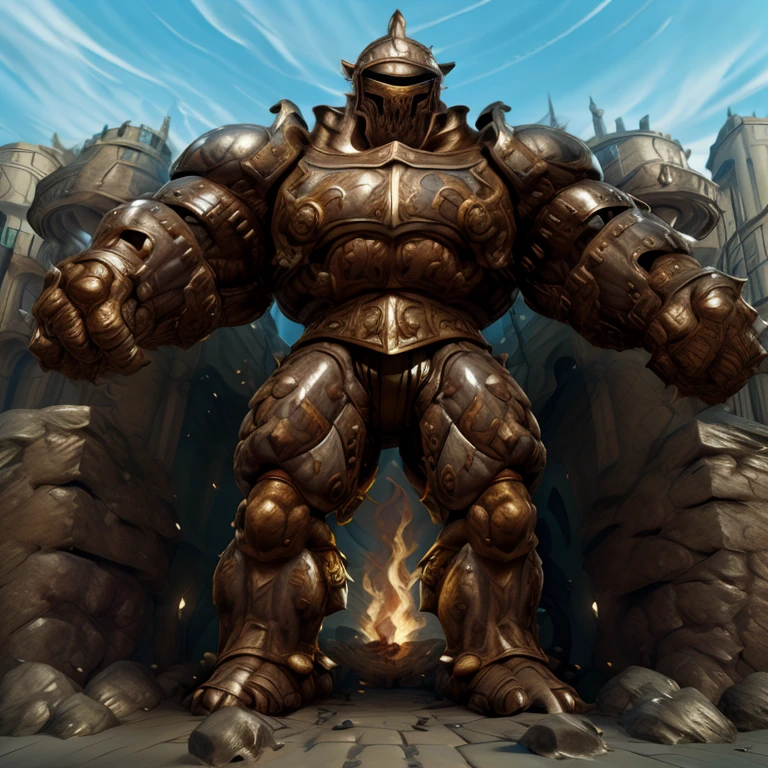 SOLO (masterpiece. official art. 8k. best quality. detailed full body. full body.)

(situation 1 : dominating Armored Flazzard. Armored Flazzard is over 1000 meters long. focus GIANT mechanical Muscular Armored Flazzard is trampling the city. Looking down. macro. stomp. Low-angle perspective. emphasizing the immense size.)

(situation 2 :smoke and flames rising from the destruction in the city)

(Additional details 1: real texture material. whole body shines like metal. emphasizes the muscles. suit fully made of metal.).

(Additional details 2: Detailed head. Detailed Body. Detailed abs. gigantic muscles. HYPER MUSCLES. Gigachad Muscular. big muscle. pecs. triceps. traps. unusually developed muscular body. body full of huge muscles. showing off muscles. pectorales enormes. Exaggeratedly huge muscles. huge muscles. long legs.).
his back he wears a golden cloak.