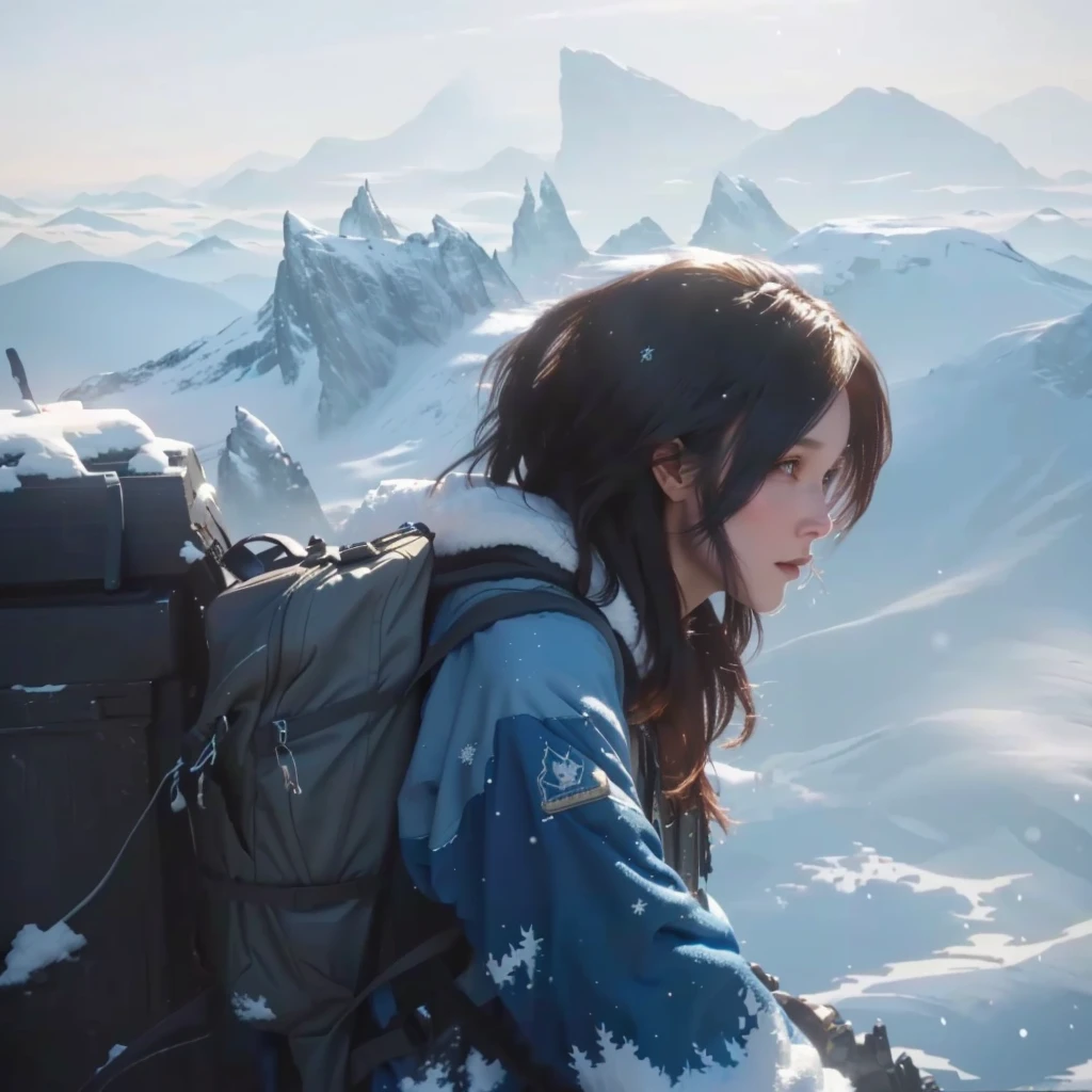 There is a woman with a backpack on the top of the mountain, Wojtek Fuss, Bastien Grieve, jessica rossier fantasy art, jessica rossier color scheme, Inspired by Craig Mullins, By Jessica Rossier, Inspired by Simon Stålenhag, inspired By Jessica Rossier, steep, Soar over densely populated cities, number, Winter concept art