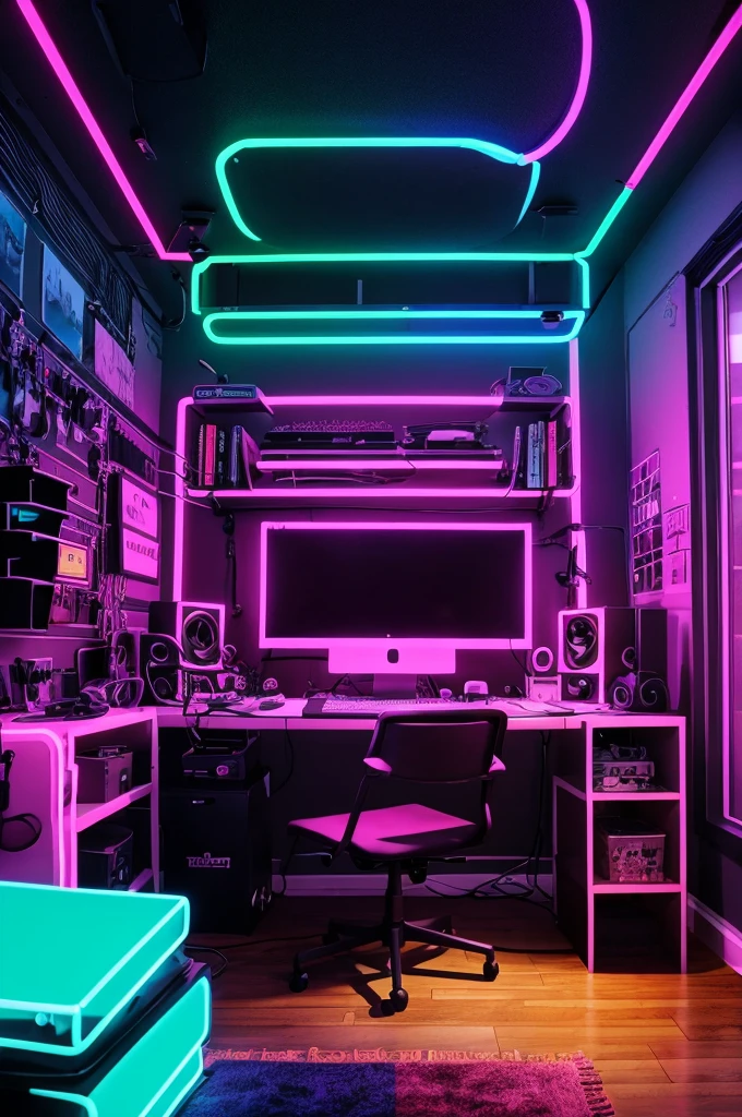 Create an image of a youtubers studio room with a subtitle neon glow make as statement lettering makes your the text is not misspelled" tech Rupam "