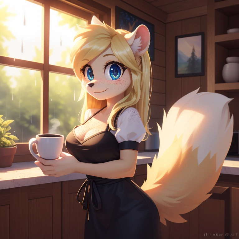 minerva, medium breast,
(detailed blonde hair:1.4), (detailed perfect eyes:1.2), white fur, (detailed fluffy fur:1.2), perfect hourglass body, mink snout, (long fluffy blonde tail:1.3), beautiful black eyes, relaxed pose, looking at viewer,
(freckles:1.2), light smile,
serving coffee,
(masterpiece:1.2), (best quality:1.2), (intricate:1.2), (highly detailed:1.2), (sharp:1.2), (8k:1.2), (highres:1.2),
cinematic summer tropical lighting, vivid colors,
kitchen, wooden cabin,
window, forest, rain,
aliceinwonderlandoutfit