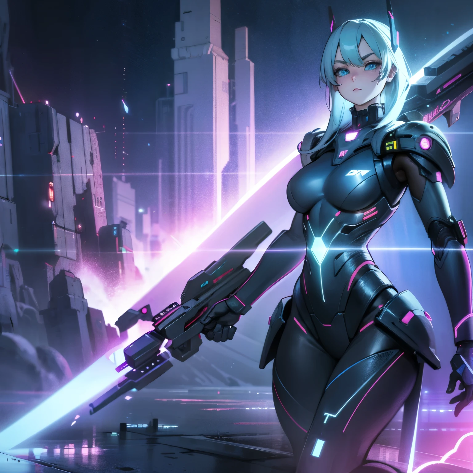(best quality,4k,8k,highres,masterpiece:1.2),ultra-detailed,(realistic,photorealistic,photo-realistic:1.37),futuristic female cyborg,portrait style,metallic material,glowing blue eyes,sharp facial features,fierce expression,mechanical body parts,digitally enhanced long hair,futuristic armor,high-tech visor,powerful and confident stance,dystopian background,neon lights,colorful holographic projections,sci-fi lighting