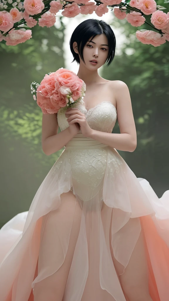 masterpiece:1.2, Highest quality), Realistic, (live-action, Intricate details, Depth of written boundary), (One girl, alone), compensate, Part your lips, Very detailed, Perfect Face, (Skin Dentition), Thick thighs, Wide Hips, Narrow waist, expensive, Glossy coral lips,, (Girl in wedding dress holding flowers in hand )), sexy, Blushing, Mikasa from AOT
