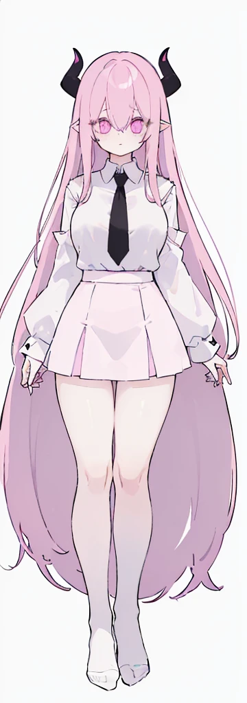 (((Long Pink hair))),Pink hair,kawai,(((Eyes visible from bangs,hair over eyes:1.3))),,Huge breasts,(purple color eyes),,(purple slanted eyes),1girl in,bangs,long White hair, pantyhose,Cowboy Shot,white background,Straight hair hair,(On both sides of the head has sharp black devil horns) ((head bowed pose)) Ter's hair flows straight down, has two sharp black horns (slant purple eyes) (((wearing a perfect white shirt))) white shirt sleeves should be folded to the elbows ((Don't wear any ties (wear a long black skirt, both sides of the skirt are split The other two sides of the skirt are split (showing her bare thighs) Long black skirt split at the thighs, perfect white shirt, no accessories like a tie (sexy body) Bare thighs without wearing any socks, The character's body is visible from head to ankle, ((Tall slim perfect body)) (tight black skirt) full body full body full body full body (Full body image) legs wearing a short white loose t-shirt