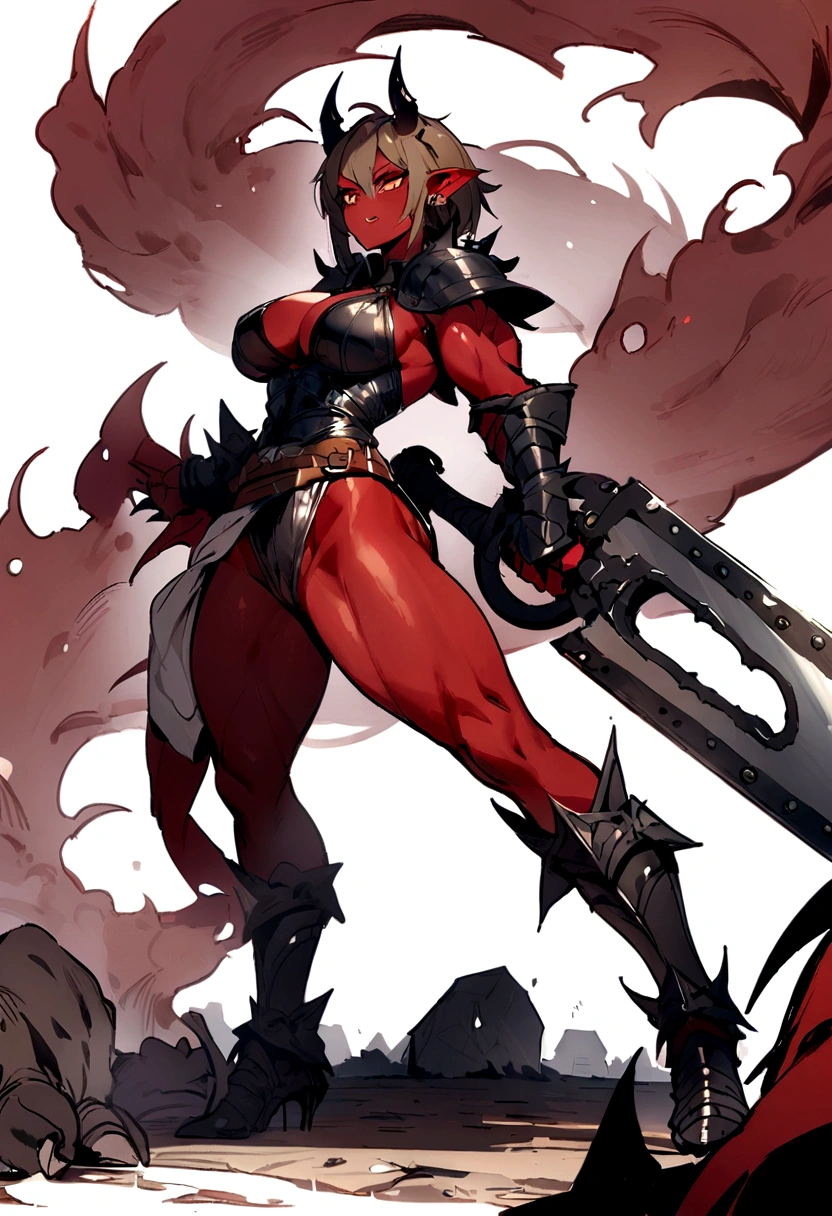 ({masterpiece}},{best quality,}，white background,full body,middle Ages,1 female demon，Aggressive，，Red skin，Spiked armor，Horns，Chainsaw sword，Brass decoration，Strong muscles，Sexy，({masterpiece}},{best quality}}