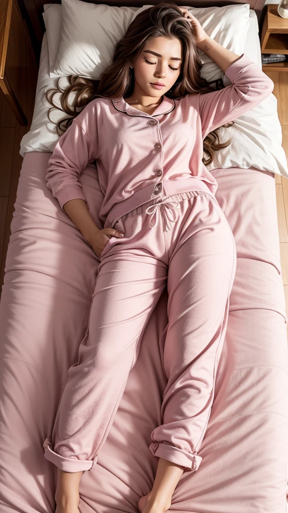 Sleeping girl, 22 years old, realistic, she is wearing long pants, she is wearing pink pajama, brown hair.(( One hand down her pants, ))