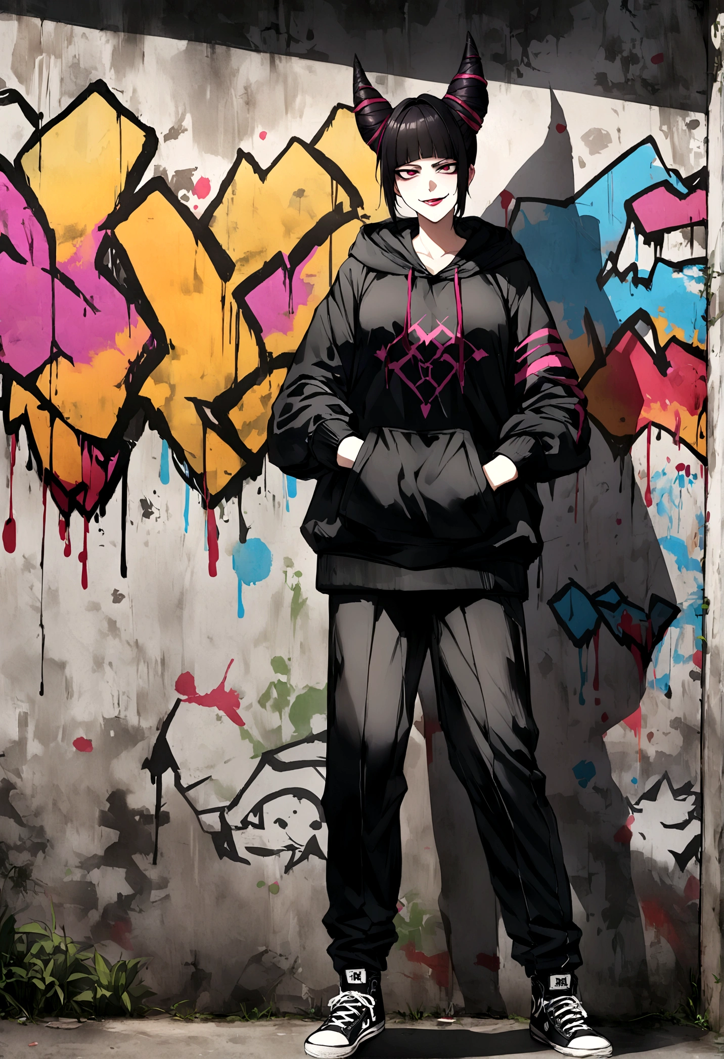 juri han, work of art, black hair, hair horns, black alan walker hoodie, black tights, black converse shoes, black fingerless gloves,evil smile, graffiti