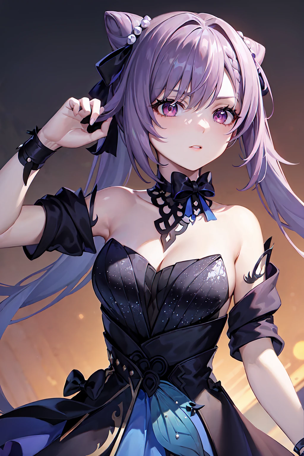 masterpiece, best quality, absurdres, looking at viewer, solo, keqing (opulent splendor) (genshin impact), official alternate costume, 1girl, keqing (genshin impact), solo, purple hair, dress, long hair, looking at viewer, hair bun, twintails, breasts, bare shoulders, purple eyes, strapless, black dress, bangs, purple nails, strapless dress, cone hair bun, nail polish, ribbon, parted lips, double bun, upper body, diamond-shaped pupils, symbol-shaped pupils, cleavage, bow, black background, hair ribbon, diamond (shape), detached collar, hand up, hair ornament