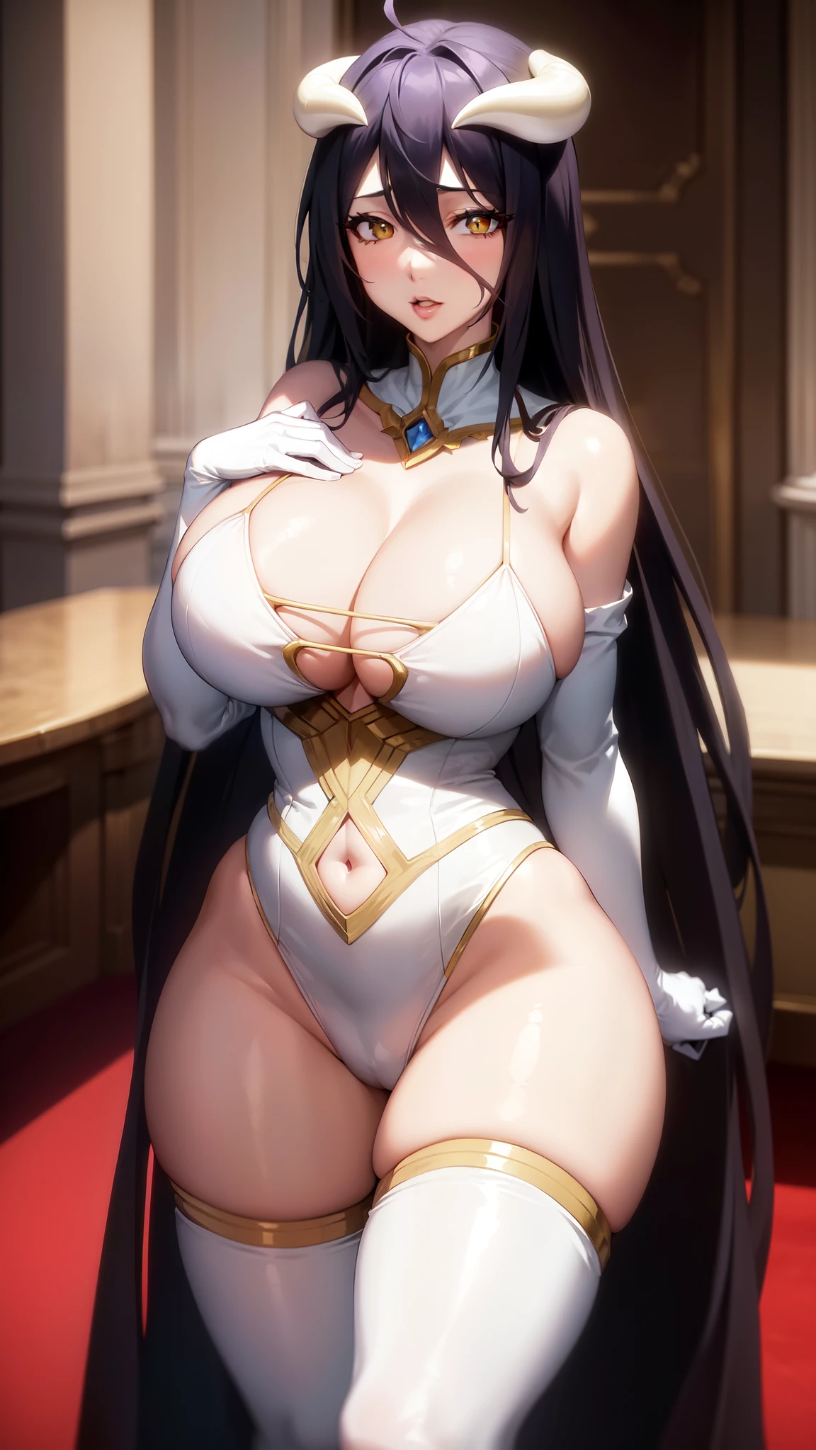 (masterpiece:1.6, best quality:1.4, real picture:1.2, intricate details:1.2), Albedo, 1girl, dark hair, yellow eyes, big lips, lip gloss, long hair, medium breasts, bare shoulders, hourglass figure, (narrow waist), thick thighs, thick ass, defined stomach, sexy pouty lips, cleavage, vampire girl, white latex micro bikini, sexy thight micro panties, detailed face and eyes, black pantyhose, black gloves, seductive pose, royal room.