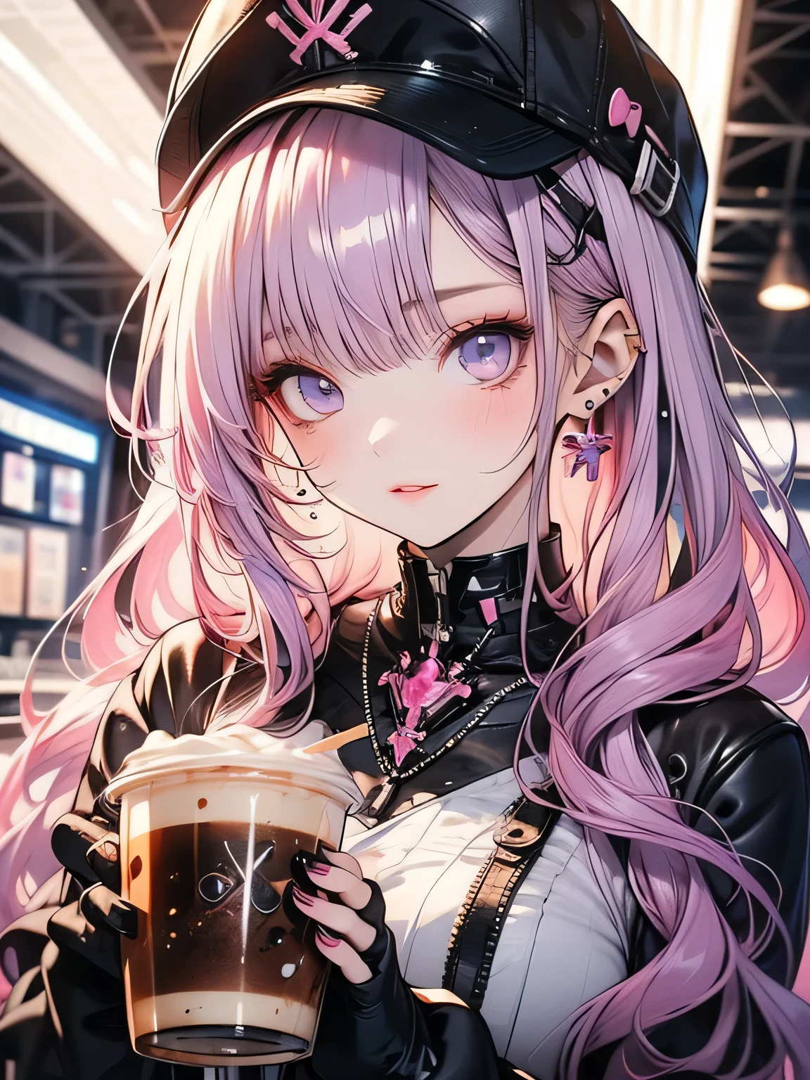 Futuristic Girl, Purple eyes, space, Pink Hair, Long Hair, Futuristic Coffee Shop,One girl,Beautiful attention to detail, Detailed face, cute,