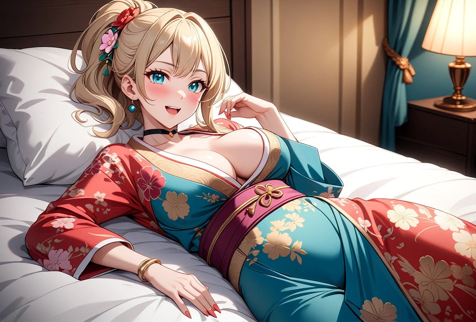 ((One personの女性)), Beautiful Face,(Laughing embarrassedly), (naughty face:1.2), ((Wink:1.9)), (head tilt:1.3), Laughing with your mouth open, upper teeth, ((full-face blush:1.5)), looking at viewer, Glossy Red Lips, (Shining Face), ((Anime style background)) , Night view and fireworks, On a bed in a luxury hotel, ((Lying in bed:1.8)), masterpiece, Highest quality, so beautiful,up to date, Complex details, (Pink sharp claws),(ring),(bracelet),(choker),AI-generated, Complex,High resolution, Highest quality, super high quality,3D Images、3D Images,One person,Long blonde hair,ponytail, wavy hair ,写真のポーズをとるAnime Women, ((Fine grain、Turquoise Eyes、Shining Eyes:1.3)), (Squint your eyes:1.1),a hyperRealistic , hyperRealistic , Realistic,Anime Women, Smooth anime CG art, A woman in a colorful kimono with gold embroidery, (Pink long sleeve kimono),Red floral pattern,Long flower hair ornament,Earrings,Mature Body,(Big Breasts:1.1),Tall,Abdominal muscles,Tight waist, ((front view)),