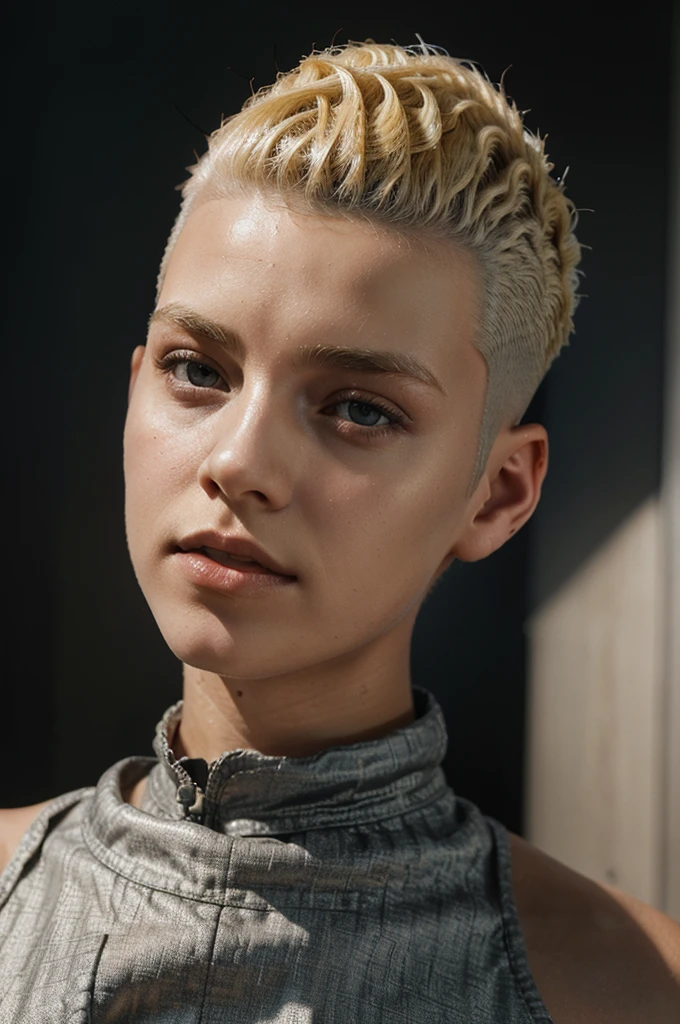 a 20 yo woman, blonde, (hi-top fade:1.3), dark theme, soothing tones, muted colors, high contrast, (natural skin texture, hyperrealism, soft light, sharp)