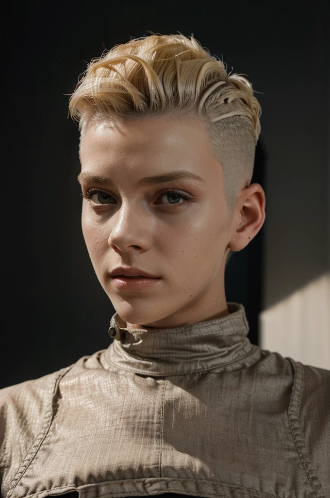 a 20 yo woman, blonde, (hi-top fade:1.3), dark theme, soothing tones, muted colors, high contrast, (natural skin texture, hyperrealism, soft light, sharp)