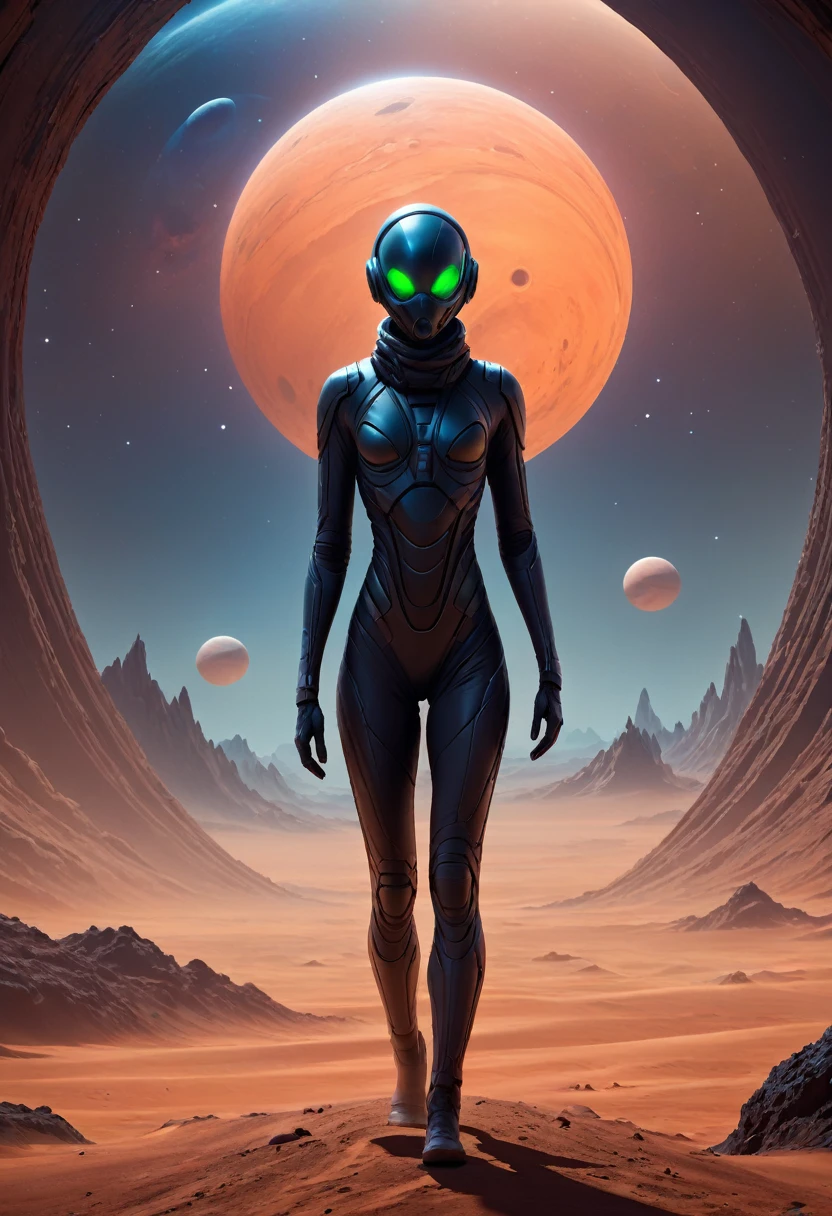 Conceptualize an epic artwork featuring a person in Stillsuit Exploring Alien Worlds, withmask, dark nebula background, focus woman, futuristic technology and space themes with advanced civilizations, extraterrestrial landscapes, and otherworldly structures, emphasize the character's isolation and wonder as they navigate through uncharted territories to create an immersive experience for viewers. trending on artstation, sharp focus, 