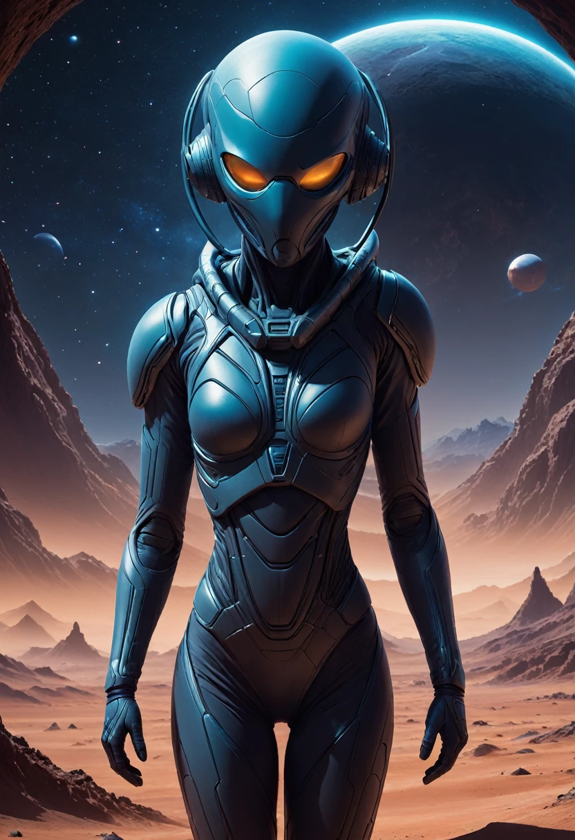 Conceptualize an epic artwork featuring a person in Stillsuit Exploring Alien Worlds, withmask, dark nebula background, focus woman, futuristic technology and space themes with advanced civilizations, extraterrestrial landscapes, and otherworldly structures, emphasize the character's isolation and wonder as they navigate through uncharted territories to create an immersive experience for viewers. trending on artstation, sharp focus, 