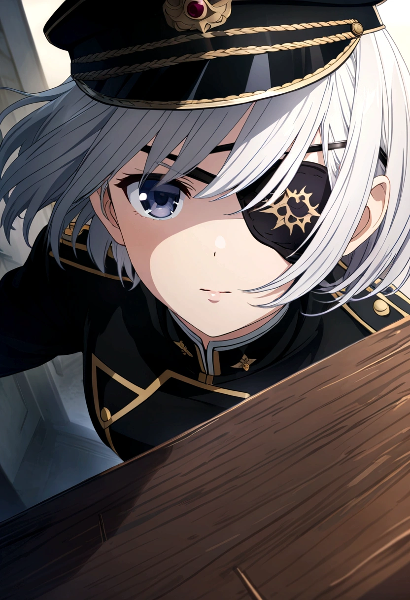 perspective, Depth of written boundary, , Movie angle, Highest quality, Super detailed, CG, 8k wallpaper, , black,uniform,military cap,black色,Silver Hair,Short Hair,left eye,Eye patch,Half Mask