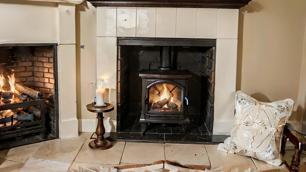 A close-up of a traditional European brick fireplace, occupying almost 90% of the image. The fireplace is adorned with a beautifully carved wooden mantel and an apron decorated with vintage tiles. The fire burns brightly, emitting a warm, cozy glow that fills the room. The flames crackle and dance, casting flickering shadows on the walls. On the mantel, there are several antique candleholders with lit candles, their soft light adding to the intimate ambiance. The scene is set at night, enhancing the warmth and coziness of the fire. Surrounding the fireplace, there are elements of classic European decor, including a woven rug and a comfortable armchair nearby. The overall atmosphere is inviting and serene, perfect for a quiet, relaxing evening.