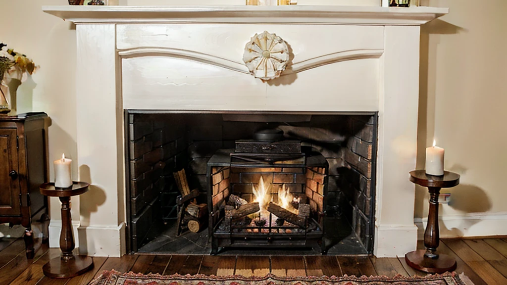 A close-up of a traditional European brick fireplace, occupying almost 90% of the image. The fireplace is adorned with a beautifully carved wooden mantel and an apron decorated with vintage tiles. The fire burns brightly, emitting a warm, cozy glow that fills the room. The flames crackle and dance, casting flickering shadows on the walls. On the mantel, there are several antique candleholders with lit candles, their soft light adding to the intimate ambiance. The scene is set at night, enhancing the warmth and coziness of the fire. Surrounding the fireplace, there are elements of classic European decor, including a woven rug and a comfortable armchair nearby. The overall atmosphere is inviting and serene, perfect for a quiet, relaxing evening.