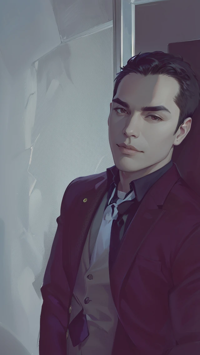 (absurdres, highres, ultra detailed, realistic, ), 1 male, solo, adult, mature, tall muscular guy, broad shoulders, handsome, very short hair, black hair, brown eyes, angular jaw, thick neck, thick eyebrows, night, dark, the night view of the city background, formal suit, necktie, upper body