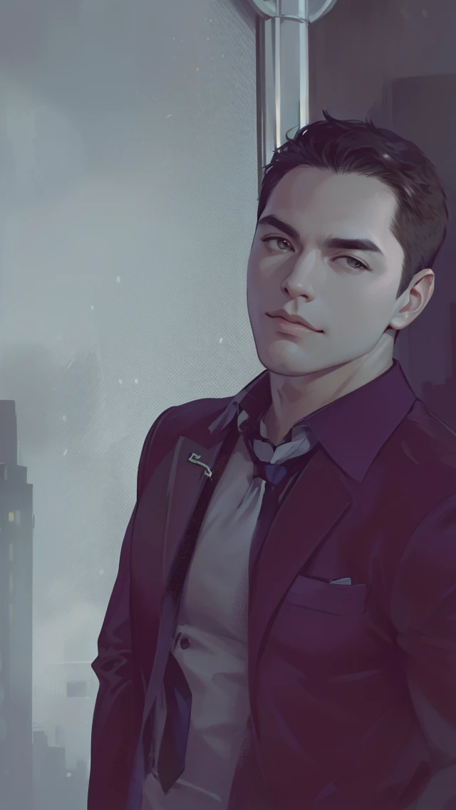 (absurdres, highres, ultra detailed, realistic, ), 1 male, solo, adult, mature, tall muscular guy, broad shoulders, handsome, very short hair, black hair, brown eyes, angular jaw, thick neck, thick eyebrows, night, dark, the night view of the city background, formal suit, necktie, upper body